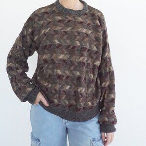 Vintage TownCraft Brown Abstract Geometric Knit Sweater Earth Tone Pattern L